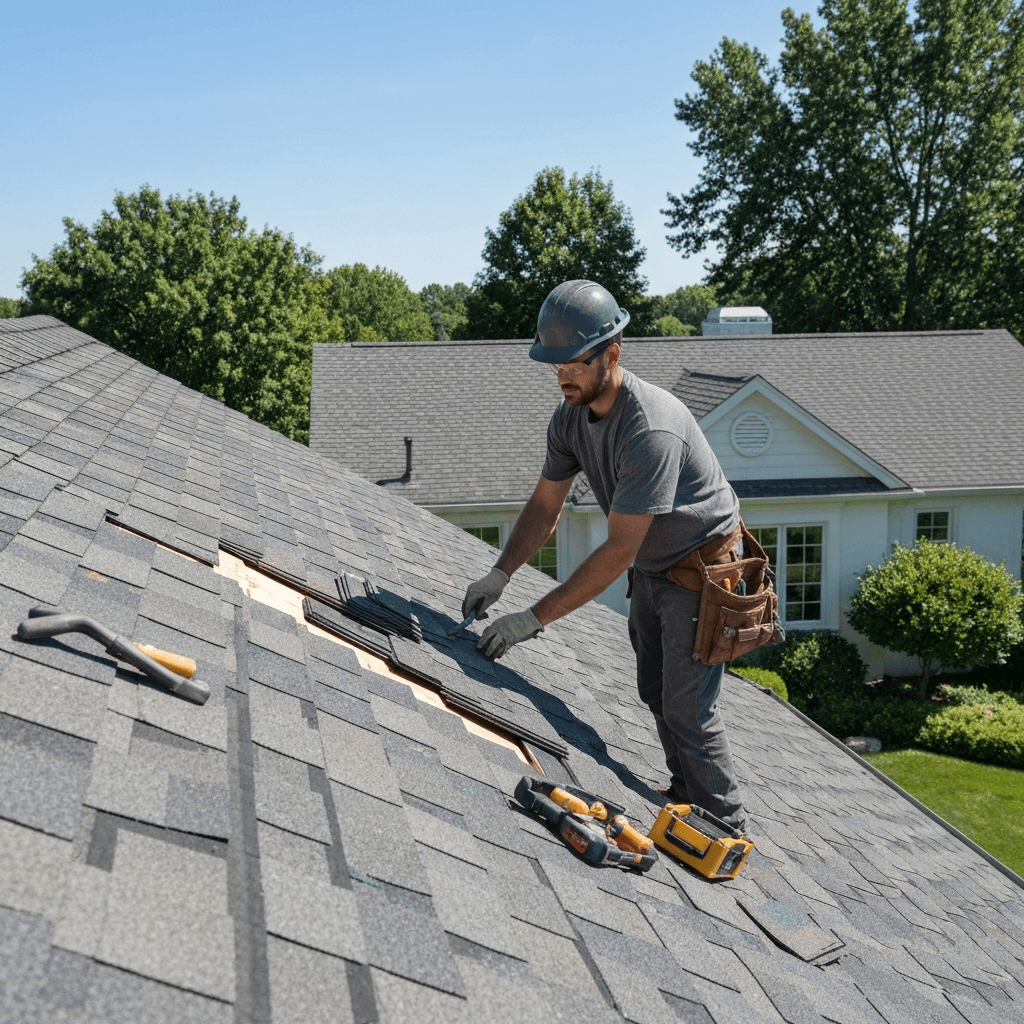 Roofer installing shingles in Kirkland WA
